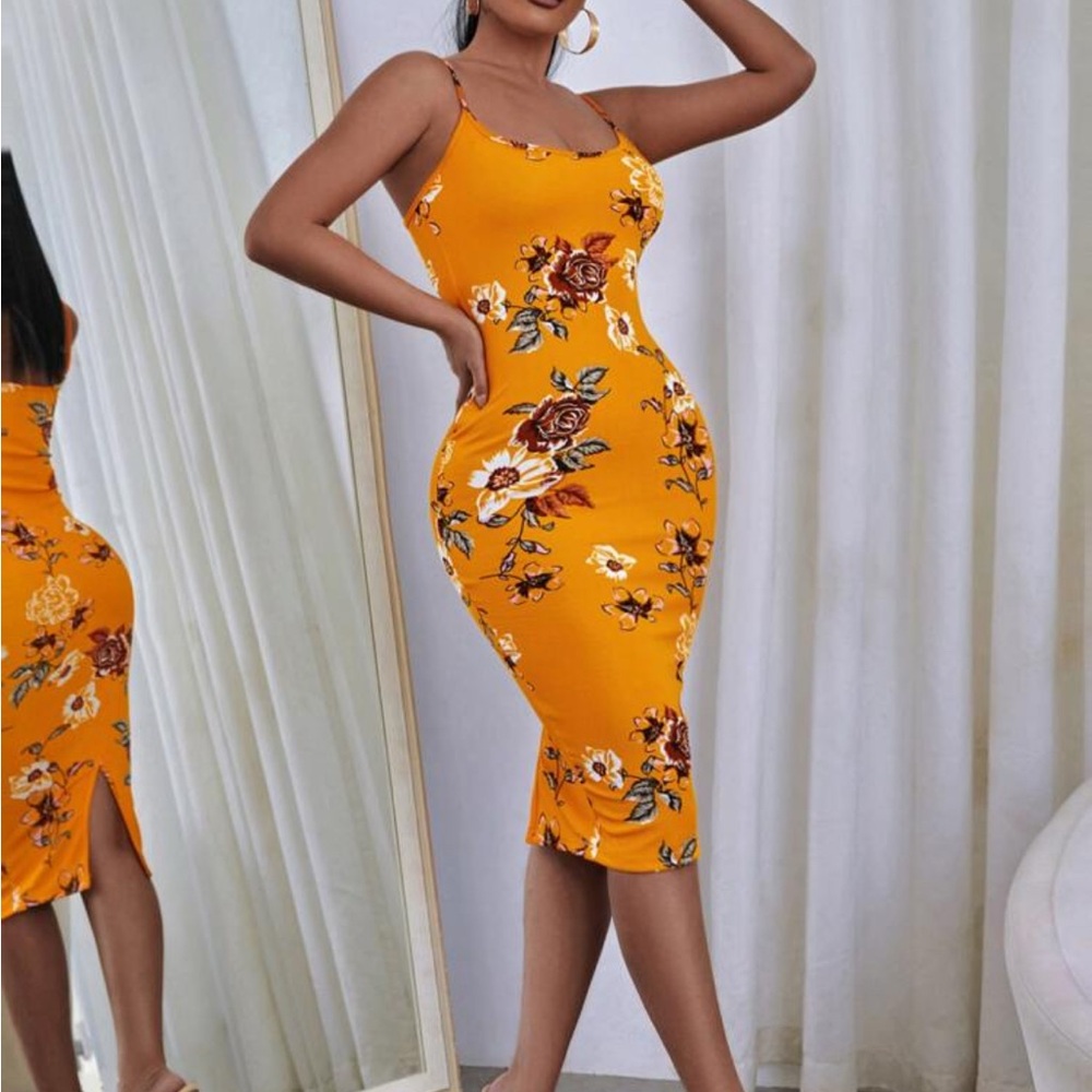 SHEIN Yellow Floral Midi Dress
